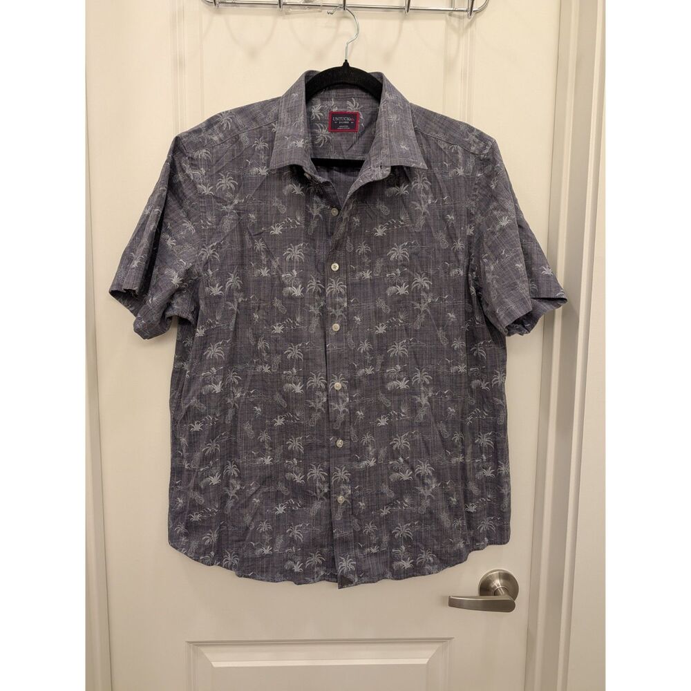 UNTUCKit Gray Tropical Palm Tree Print Short Sleeve Button Down Shirt Men XL